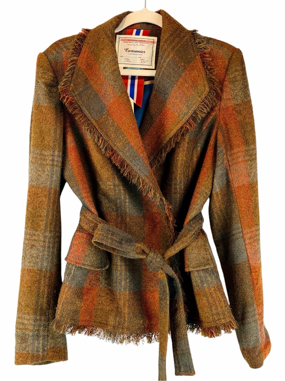 NEW Anthropologie Cartonnier Sophie Plaid Fringe Belted Blazer Pockets Sz 14 NWT - Picture 4 of 15